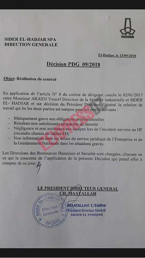licenciement au complexe sidérurgique d'El Hadjar